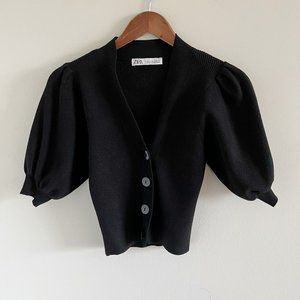 Zara Ribbed Crop Cardigan Knit Top Small Black Puff Statement Sleeve Academia
